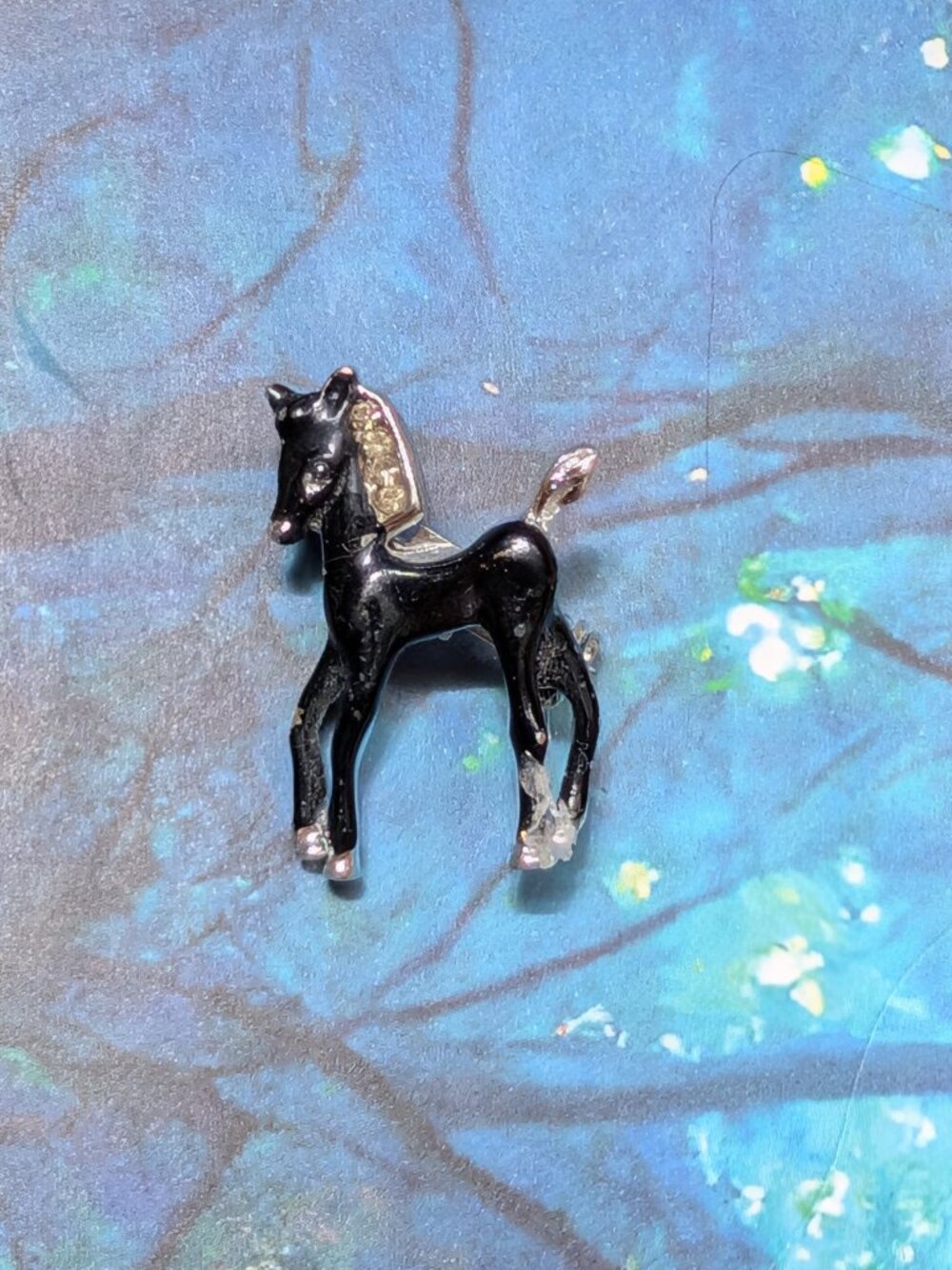 1940's Black Enamel & Silver Rhinestone Horse Brooch